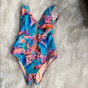 LA Hearts one piece swimsuit high rise zip up 90’s